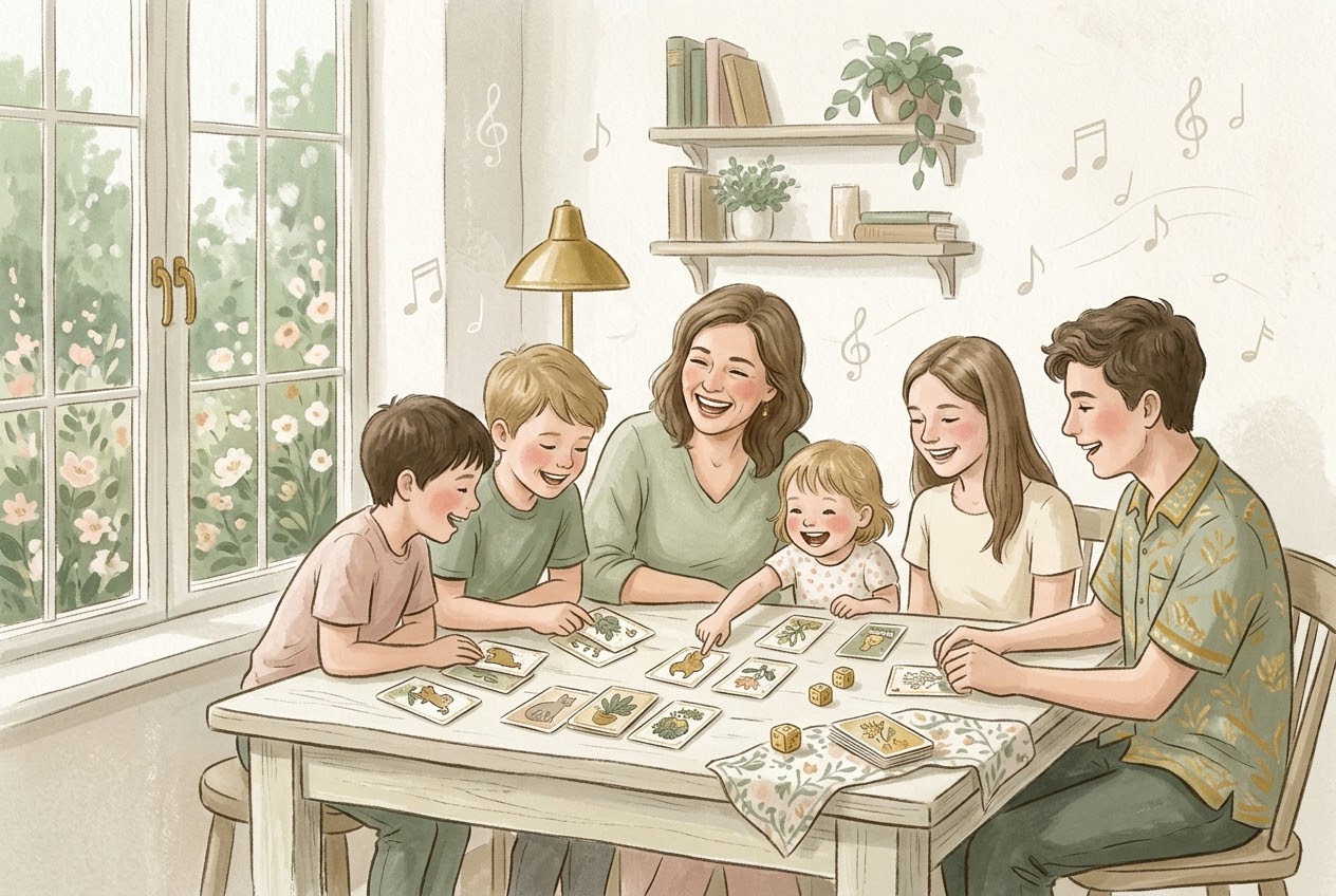 Enfants et adolescents qui jouent aux cartes en riant autour d'une table