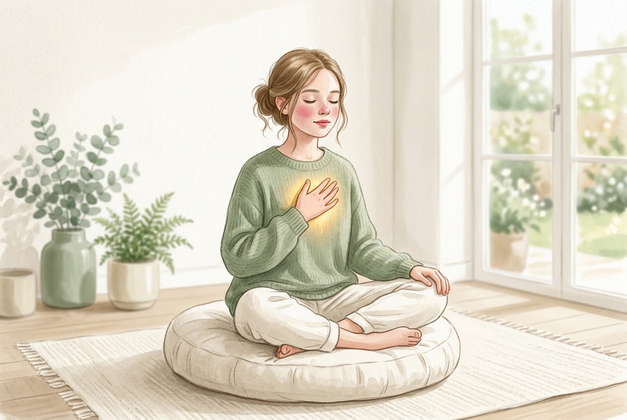 Adolescente assise en tailleur, les yeux fermés, une main sur le cœur