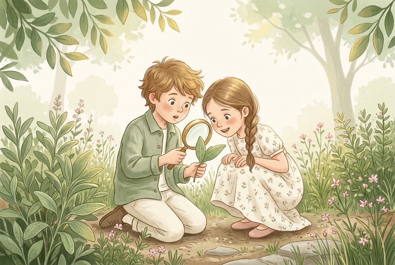 Deux enfants qui observent une feuille à la loupe dans un jardin