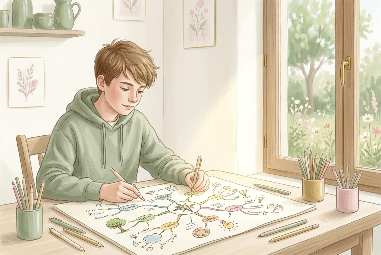 Adolescent qui dessine une carte mentale colorée