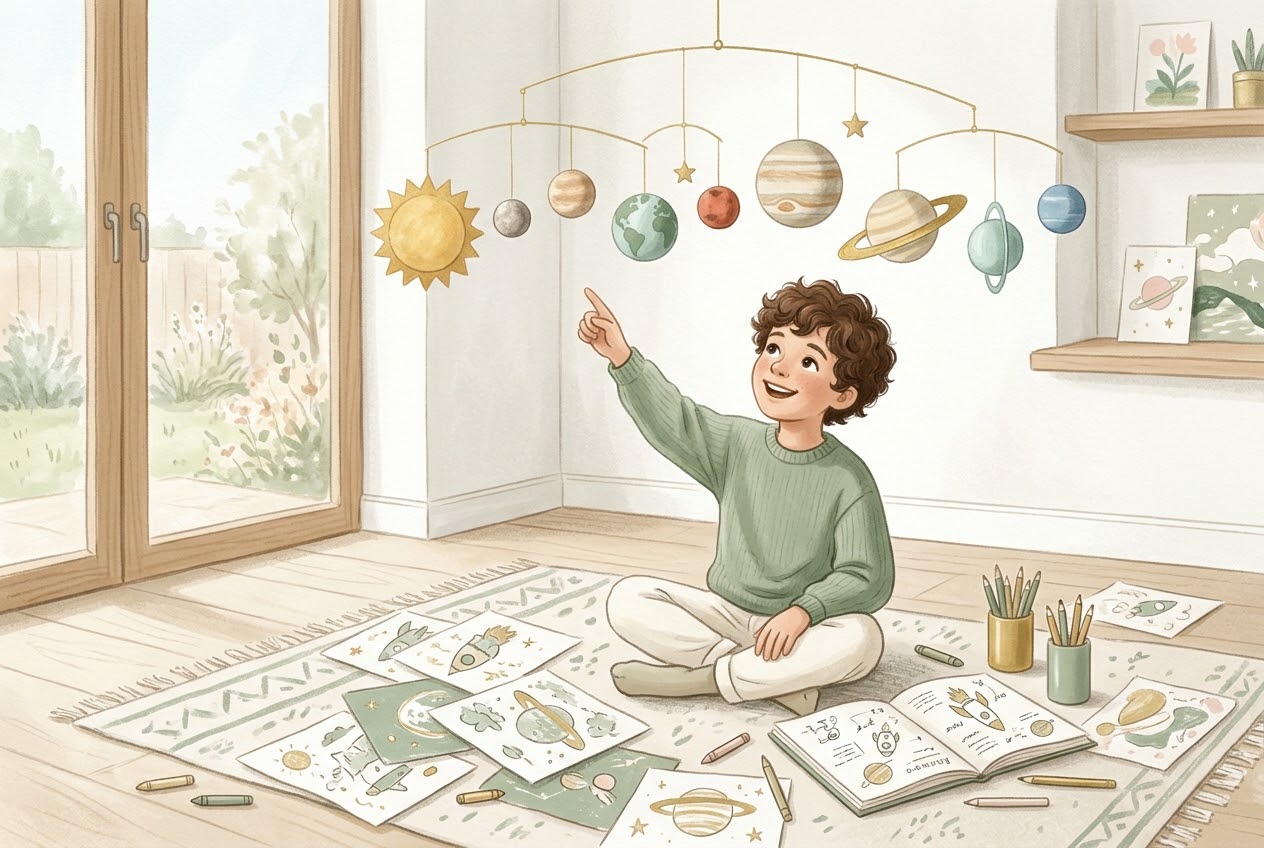 Enfant assis parmi ses dessins, qui montre des planètes suspendues